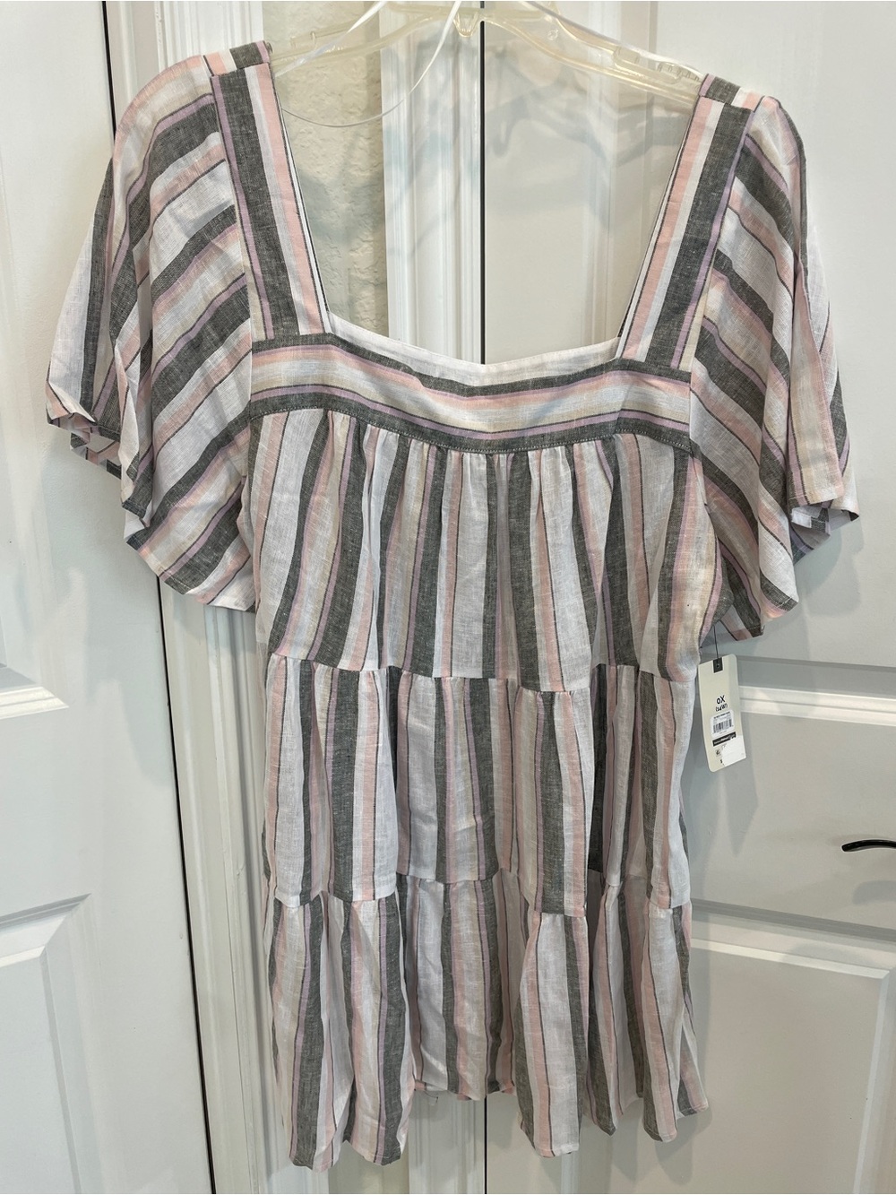 Terra & Sky Pink and Gray Striped Square-Neck Flutter Tunic
